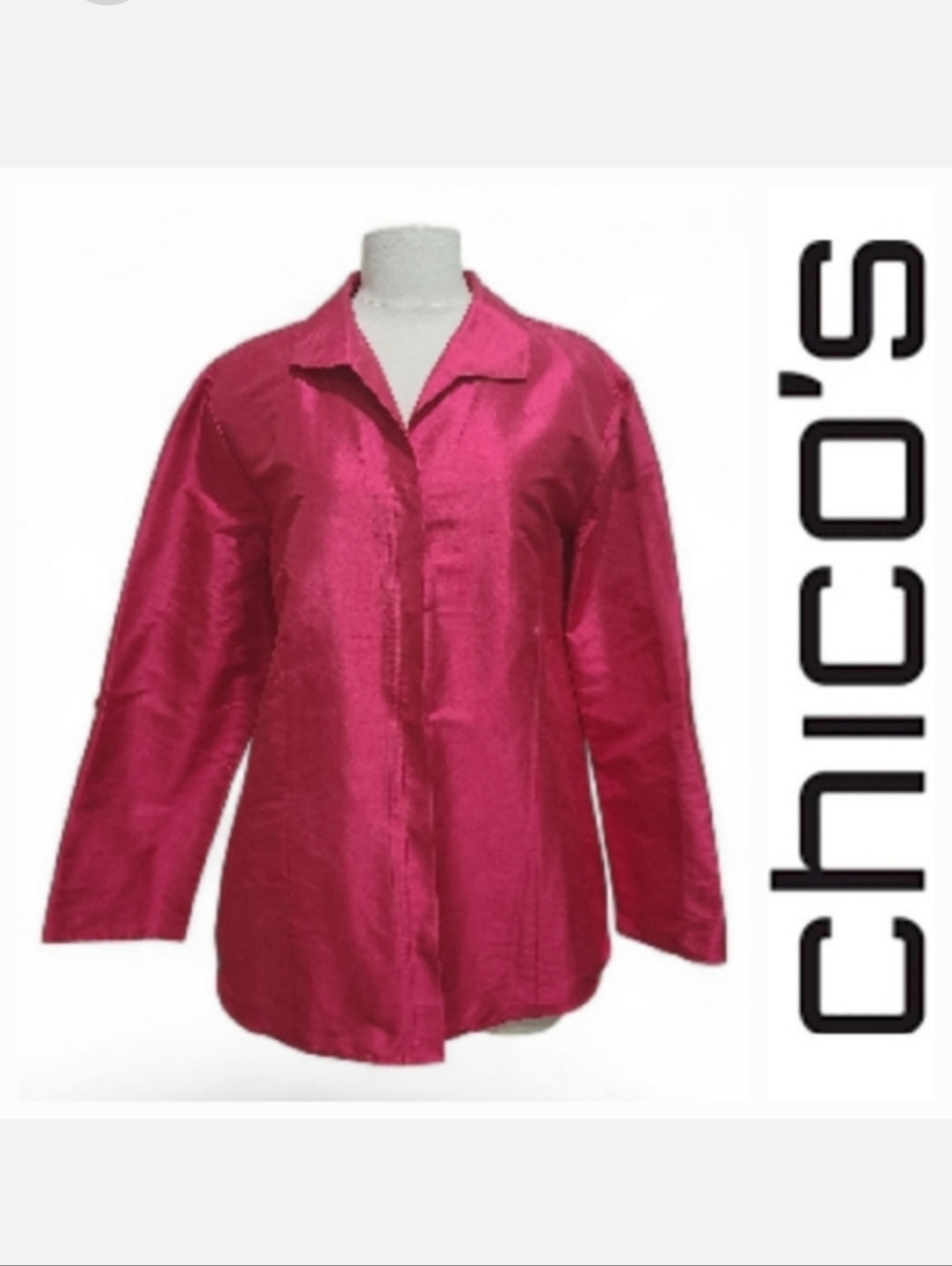 Chicos Shantung Silk Button Up Long Tab Sleeve Topper in Summer Berry Sz 3 XL/16